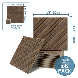 16-Pack Acoustic Wall Panels, 11.8" x 11.8" Peel and Stick PET Diagonal Slat Soundproof & Noise Cancelling Felt with 96 Adhesive Tabs, 3D Textured Sound Absorbing Panels for Home Office, Walnut