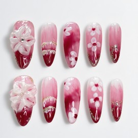 Handmade Press on Nails Medium Almond Fake Nails Red 3D False Nails Luxury Rhinestone Flower Full Cover Stick on Nails Glue on Nails Floral Nails Acrylic Nails for Women Girls (Painting Water S)