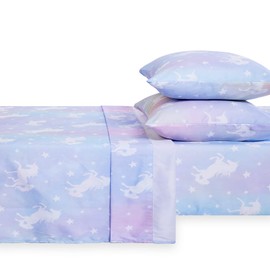 Wake In Cloud - Unicorn Bed Sheets for Girls, 4-Piece Sheets Set Kids, Colorful Rainbow Unicorns Pattern Animal Stars Soft Lightweight Bedding, Deep Pocket, Purple Blue, Full Size