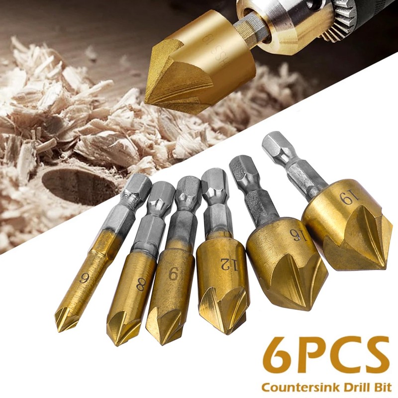 Bestgle 6Pcs 1/4" Countersink Drill Bit Set 5 Flute 82