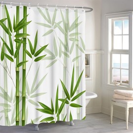 Shower Curtain Bamboo, Uiiooazy Shower Curtain, Green Leaves, Tree, Plants, Zen Shower Curtain, Anti Mould, Waterproof Polyester Fabric, Washable, Opaque Bathroom Curtain with 12 Hooks, for Bathroom,