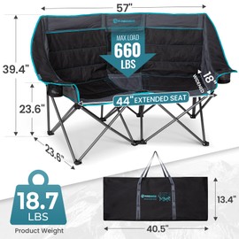 FUNDANGO Double Camping Chair with Cooler, 2 Person Folding Oversized Loveseat Camp Chairs for Adults Fully Padded Couch with Cup Holder Carry Bag for Outdoor Lawn Beach Patio Support 660 LBS
