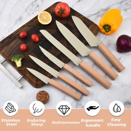 In-Drawer Knife Block Set, 12PCS Stainless Steel Chef Knife Set with Knife Drawer Organizer, Sharp Cooking Kitchen Knife Set with 6 Steak Knives for Kitchenette for Small Spaces Save Space (Khaki)