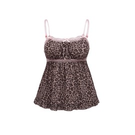 SHENHE Women's Lace Sleeveless Cami Crop Top Strap Summer Boho Ruffle Hem Top Leopard Print Brown Large