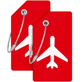 Mifflin-USA Silicone Luggage Tags (Red, 2 Pack) with Plane Embedded Design & Name ID Card; Bright Colors to Quickly Find Your Bag