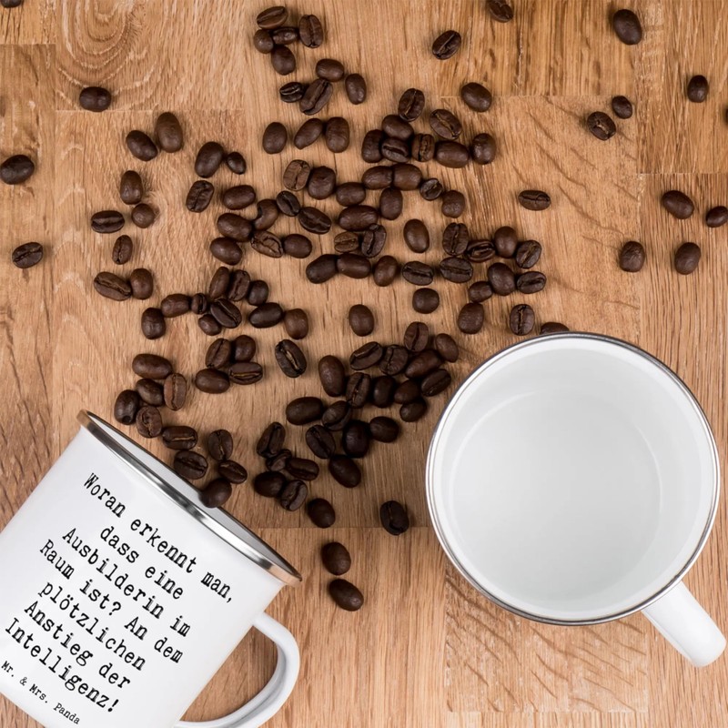 Mr. & Mrs. Panda Camping Emaille Tasse Spruch Woran erkennt