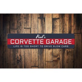 Metal Chevy Sign Personalized Name Corvette Garage Aluminum Wall Decor for your mancave, parking space, car port - Blue, Rectangle Decorative Plaque - 3" x 13"