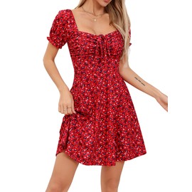 Missufe Women's Puff Short Sleeve Drawstring Ruched Front Fit and Flare Floral Summer Casual Short Dress (Red, Large)