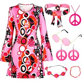 Antsparty Pack of 5 hippie costume for women, 60s 70s clothing, women's hippie dress, women, girls, disco dresses, women's retro disco outfit, fancy dress costume for carnival party