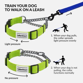 CollarDirect Martingale Dog Collar with Stainless Steel Chain and Quick Release Buckle - Reflective Collar for Large, Medium, Small Dogs - Lime Green, Medium (Neck Size 14"-17")