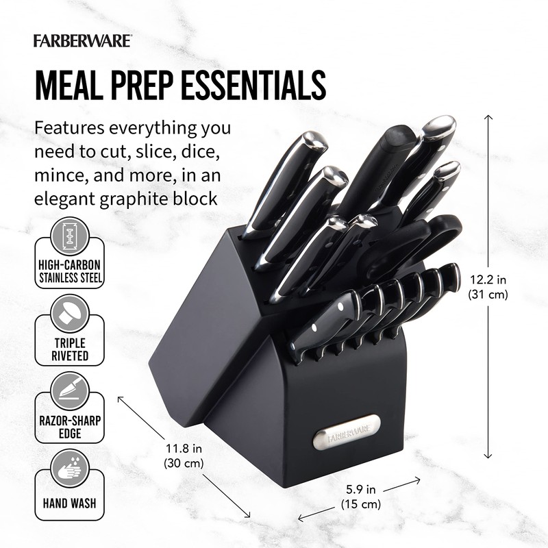 Farberware 15-Piece Forged Triple Riveted Knife Block Set, High Carbon-Stainless
