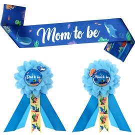 Serencatcher Under The Sea Baby Shower Maternity Sash Kit, Ocean Theme Baby Shower Decorations Mom to Be Sash Mom Dad to Be Corsage Pin Blue for Sea Ocean Animals Baby Shower Gender Reveal Party