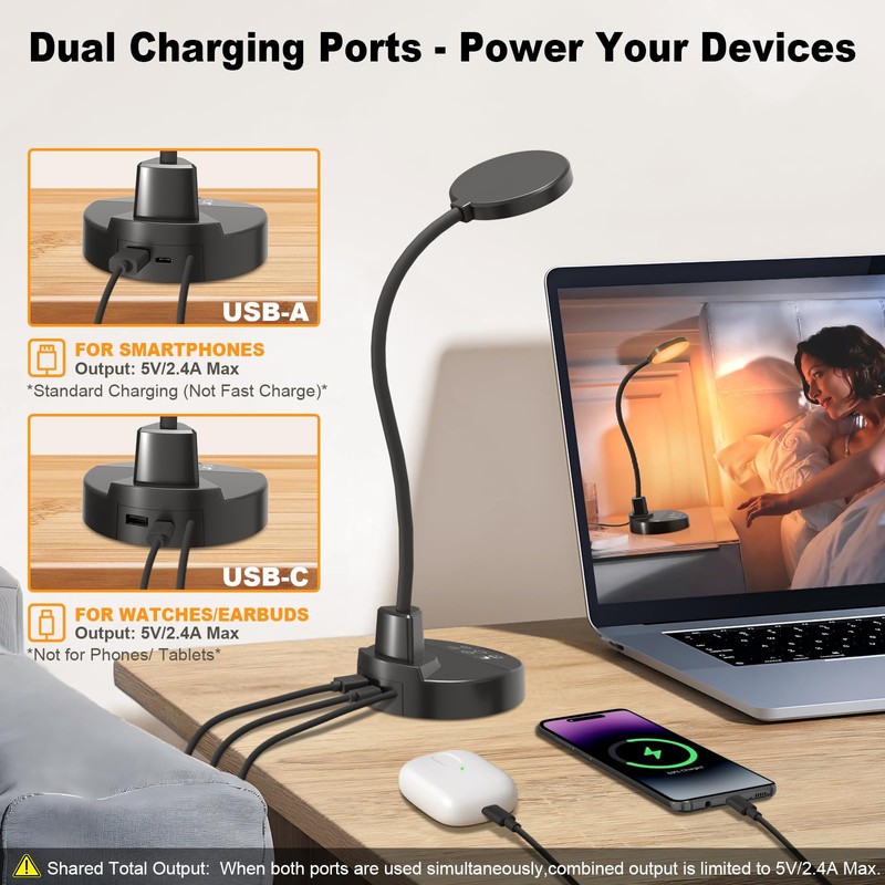 15W LED Desk Lamp with USB Charging Ports – Dimmable