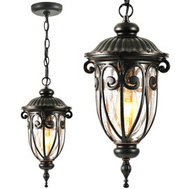 VIANIS Outdoor Pendant Light Lantern, Farmhouse Outdoor Chandelier, Vintage Outdoor Hanging Lights with Seed Glass, Brown Ceiling Lights for Porch, Porch Lights Ceiling for House