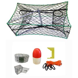 KUFA Galvanized Foldable Crab Trap & Accessory Kit (5/16" x100' Non-leaded Sinking Rope, Caliper,Harness,Bait Bag & 11" Red/White Float) S33+CEM1