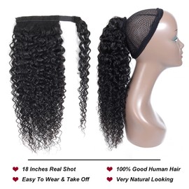 Annora Kinky Curly Ponytail Human Hair Extensions for Women Magic Paste Brazilian Curly Human Hair Ponytail Unprocessed Remy Wrap Around Pony Tail Extension Hair Piece 1B Natural Black Color 12 Inches