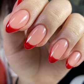 Press on Nails Medium Almond, LY LANYOS Acrylic Nails Press on Fake Nails with Glue,Gel Acrylic False Nail for Women Girls in 24 PCS (Red)