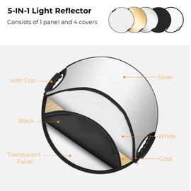 K&F Concept Light Reflector with Grips, 43"(110cm) 5-in-1 Photography Diffuser Collapsible Portable with Grips for Studio and Outdoor Lighting Gold Silver White Black Translucent