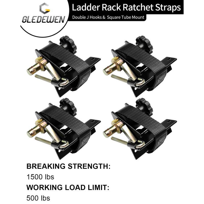 Ladder Rack Ratchet Straps with J-Hook (4 PCS), 1.4" Black
