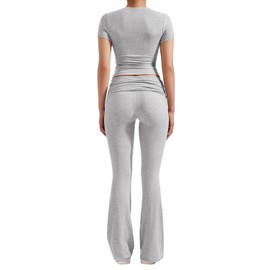 YETOWA Women's 2 Piece Lounge Outfits with Slim Short Sleeve Tops and Low Rise Flare Leggings Sets Versatile Yoga Fall Sweatsuit