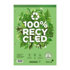 Silvine A4 Premium Recycled Refill Pad. Lined with Margin,White, 120 Pages of 100% Recycled Paper. Ref R101