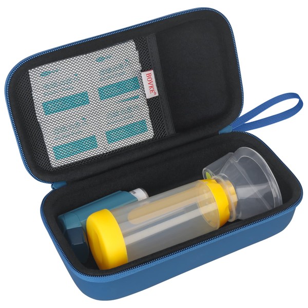 BOVKE Carry Case for Asthma Inhaler, Inhaler Spacer for Kids and Adults, Masks, Extra Mesh Pockets for Accessories, Blue(CASE ONLY)