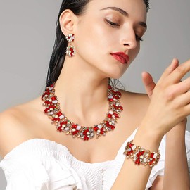 Ever Faith Women's Bohemian Style Statement Jewellery Sets, Rhinestone Crystal Vintage Floral Chunky Necklace Earrings Bracelet Set Red Antique Gold-Tone