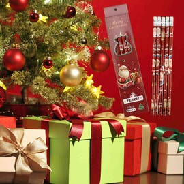 Comioke Christmas Pencils with Eraser, Christmas Pencils for Children, Wooden Pencils, Festival Theme Printed Pencils for Students, HB Pencils in Wooden Case with Eraser, 24 Pieces, 4 Colours