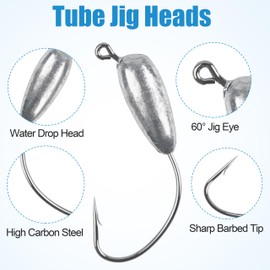 Fishing Jig Head Hooks - 12/24pcs Tube Jig Head Hooks for Bass Fishing Unpainted Water Drop Tube Bait Worm Hook Weighted Swimbait Jigs for Freshwater Saltwater 1/8oz 1/4oz 3/8oz