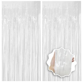 JEBUTU White Foil Fringe Backdrop Curtains 2 Pack 3.3x8.2 Ft Tinsel Streamers Birthday Party Decorations, Fringe Backdrop for Graduation, Baby Shower, Gender Reveal, Disco Party