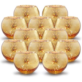 12pcs Gold Round Votive Candle Holders,Glass Candle Holder Gold Mercury Glass Votive Candle Holders, Round Tealight Candle Holders for Christmas Decoration, Table Centerpieces, Weddings, Shower Gift