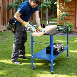 YITAHOME Portable Welding Table with Wheels, 36" x 18" Rolling Metal Workbench with 5/8" Fixture Holes, 1200lb Load Capacity Metal Welding Bench with Storage Tray & Extra Middle Shelf (Black & Blue)