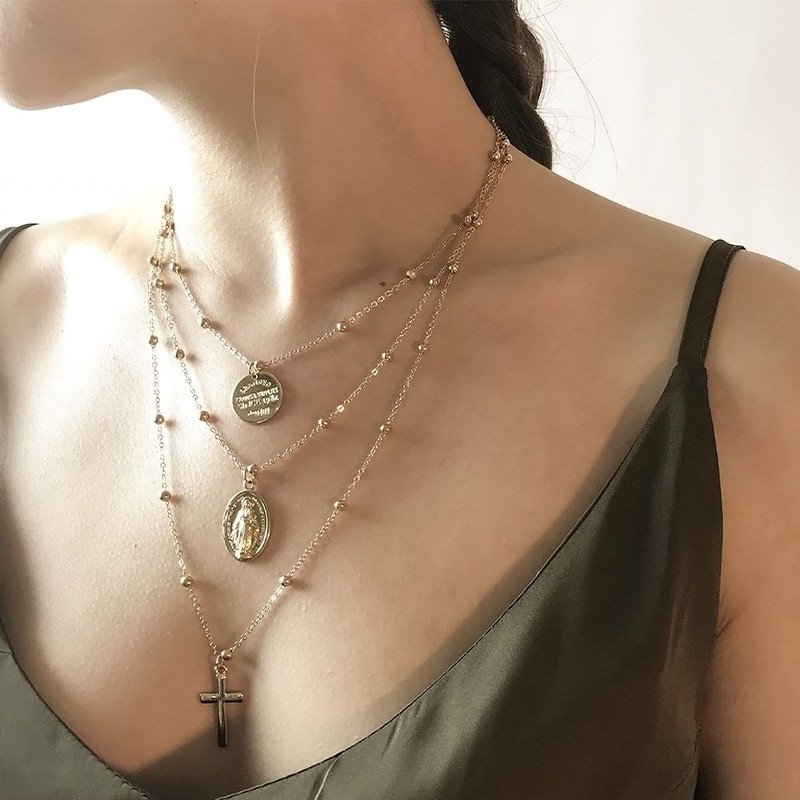 Tiande Multilayer Necklace, Silver Cross Virgin Mary Pendant Chain Necklace
