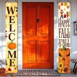 BlissYard Fall Welcome Door Banner 12x71 Inch Happy Fall Yall Vertical Hanging Banner Pumpkin Scarecrow Porch Decoration Autumn Harvest Thanksgiving Indoor Outdoor Seasonal Wall Display