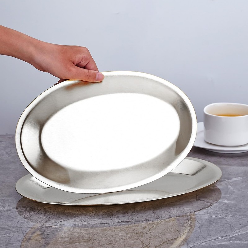 25X15 cm Thick Stainless Steel Dinner Plate 2-Piece Set, Egg-Shaped