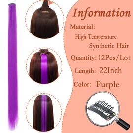 Purple Hair Extensions 22 Inch 12 Pcs Lonr Straight Clip In Hair Extensions Highlight Party for Kids Girls and Women Gift (Purple E-24)