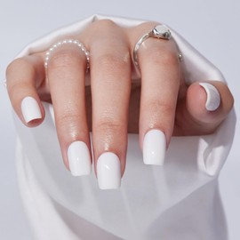 Press On Nails - Findigit Short Square White False Stick Glue On Nails, Reusable Stick On Fake Nails with Glue Salon Quality 16 Sizes - 32 Nail Kits, White Swan