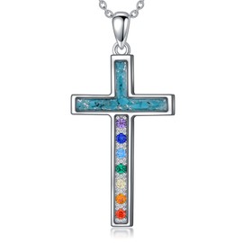 enjoylifecreative Chakra Cross Necklace for Women 925 Sterling Silver 7 Chakras Turquoise Cross Pendant Chain Cross Jewellery Gifts for Women Girls