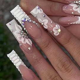 Foccna White Press on Nails Artificail Extra Long, French Square Fake Nails Crystal Flowers Nails Acrylic Full Cover Long Fake Nails with Design Nail Tips for Women&Girls,24PCS