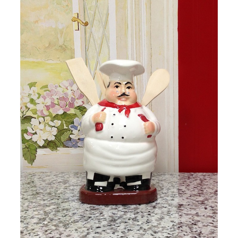 ACK Fat Chef Hand Painted Ceramic Utensil Jar, Utensil Holder,