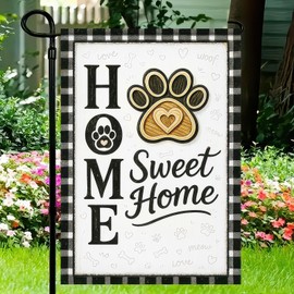 Blissyard Garden Flags 12x18 Inch Home Sweet Home Garden Flag Paw Print Design Black and White Plaid Border Outdoor Decorative Flag for Pet Lovers Yard Flag for Porch Lawn