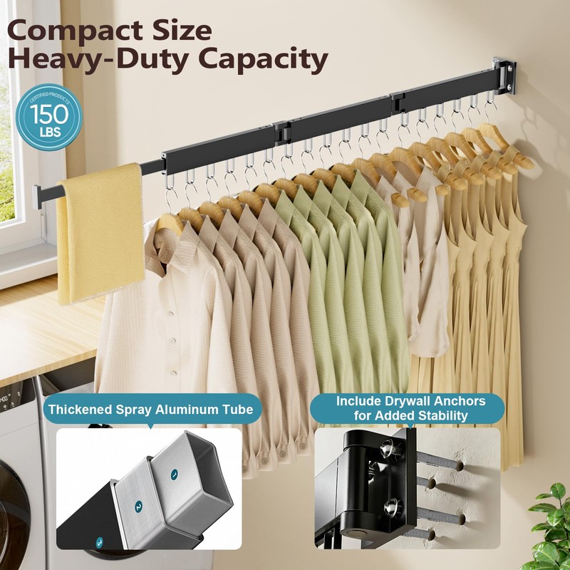 JAUREE Clothes Drying Rack Wall Mounted, Space-Saving Drying Rack Clothing,