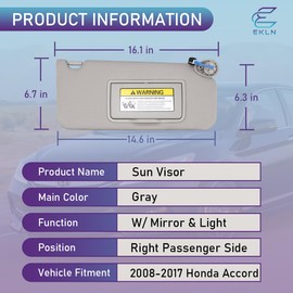 Sun Visor Right Passenger Side RH with Mirror and Light, Fit for 2008 2009 2010 2011 2012 2013 2014 2015 2016 2017 Honda Accord, Replacement OE# 83230-TA5-A51ZA, Color: Gray (Right Passenger Side)