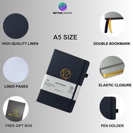 Better Version® A5 Lined Notebook with Gift Box - Journal Notebook for Women and Men - 200 Pages with Gold Edges - 100gsm Quality Paper - Linen Hardcover (Black)