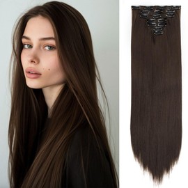 Swy Hair Clip in Hair Extensions Body Wave 7Pcs Straight Hair Synthetic Hair Extensions (S-Medium Brown, Straight)
