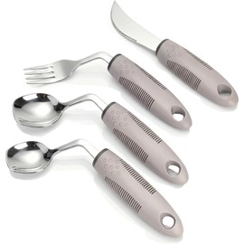 4-Piece Adaptive Utensils Set with Rocker Knife Shovel Spoon - 42 Degree Angled Weighted Silverware for Hand Tremors Parkinson's Arthritis Elderly