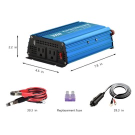 DC 12V to AC120V Pure sine Wave Power Inverter 300W with Dual sockets Output and DC 5V 2Amp USB Output. Ideal for Most Small Power appliances. (300W) Blue