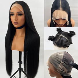 Cowigsu Lace Front Wig 360 Full Lace Synthetic Wig Pre Plucked Free Parting 26 Inch Natural Black Synthetic Straight Wig Upgraded with Premium Human-Hair-Like Fiber