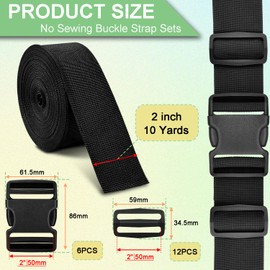 CooBigo 2" Buckles Straps Set:6 Pack Quick Release Buckles+10 Yard Webbing Straps 2 Inch Wide+12 Pcs Tri-Glide Sliders, Plastic Buckle Dual Adjustable Webbing No Sewing