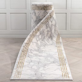 Well Woven Custom Size Hallway Stair Runner - Choose Your Length - Fairmont Collection Lezlee Ivory Gold Abstract Marble Border 26 Inches Wide x 3 Feet Long Runner (26" x 3' Runner)